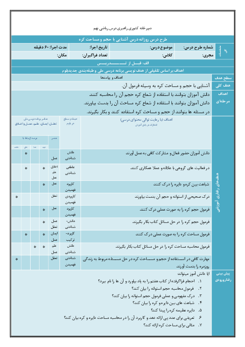 طرح درس حجم و مساحت کره | ریاضی نهم
