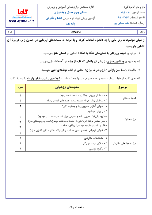 آزمون هماهنگ استانی نوبت دوم خرداد ماه 95 درس انشا فارسي نهم | استان چهارمحال و بختياري