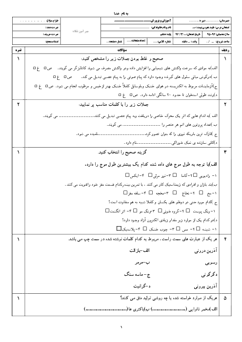 نمونه سوال امتحان نوبت دوم علوم تجربی هشتم با جواب | خرداد 96