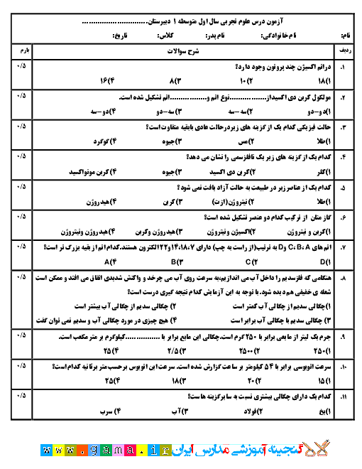 آزمون تستی علوم پایه هفتم تیزهوشان | فصل 2 و 3