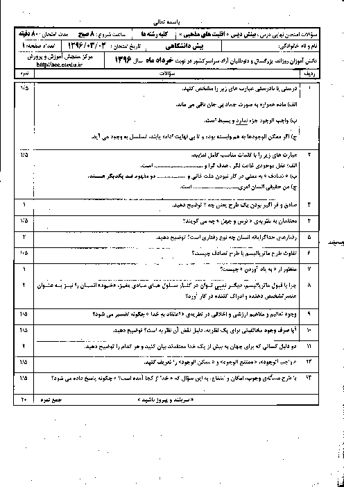 سوالات و پاسخ تشریحی امتحان نهایی بینش دینی (اقلیت‌های مذهبی) کلیه رشته‌ها | خرداد 96