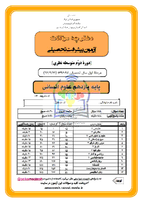 سوالات آزمون پیشرفت تحصیلی پایه یازدهم رشته انسانی استان خراسان رضوی | مرحله اول (آذر 96) + پاسخ تشریحی