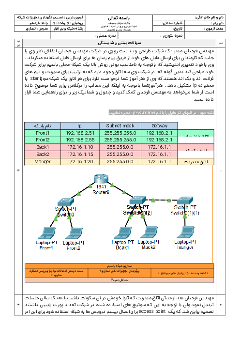 سوالات مبتنی بر شایستگی واحد یادگیری 6 نصب و نگهداری تجهیزات شبکه و سخت‌افزار دوازدهم هنرستان منیر