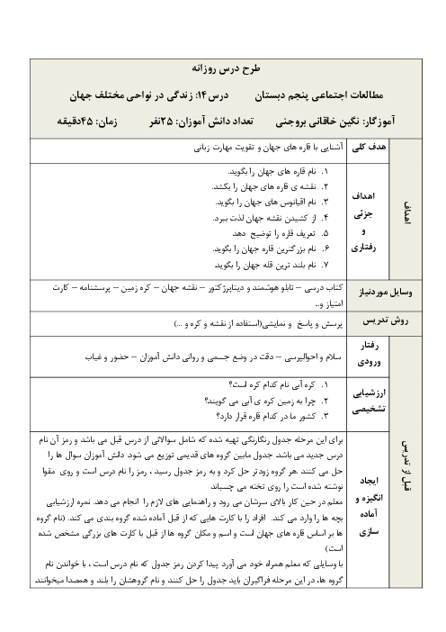 طرح درس روزانه مطالعات اجتماعی پنجم دبستان | درس 14: زندگی در نواحی مختلف جهان