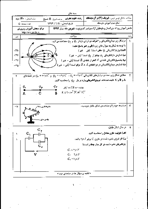 سوالات امتحان نهایی فیزیک (3) تجربی - شهریور 1393