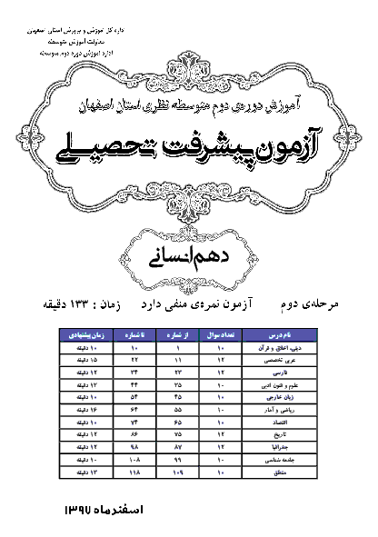 سوالات و پاسخ کلیدی آزمون پیشرفت تحصیلی پایه دهم رشته انسانی استان اصفهان | مرحله دوم (اسفند 97)