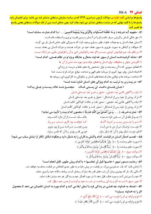 سوالات دین و زندگی هفت کنکور سراسری ۹۹ در پنج گروه آزمایشی (تجربی، انسانی، ریاضی، زبان، هنر، انسانی خارج کشور و عمومی خارج کشور)