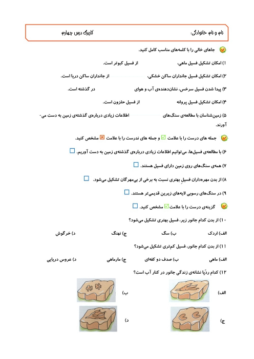 کاربرگ درس 4 علوم پنجم | فسیل