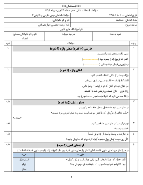 آزمون نوبت اول فارسی و نگارش (3) دوازدهم هنرستان خلیج فارس | دی 98