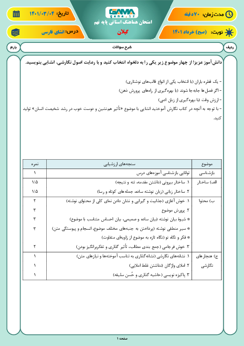 آزمون نوبت دوم نگارش نهم هماهنگ استان گیلان | خرداد 1401