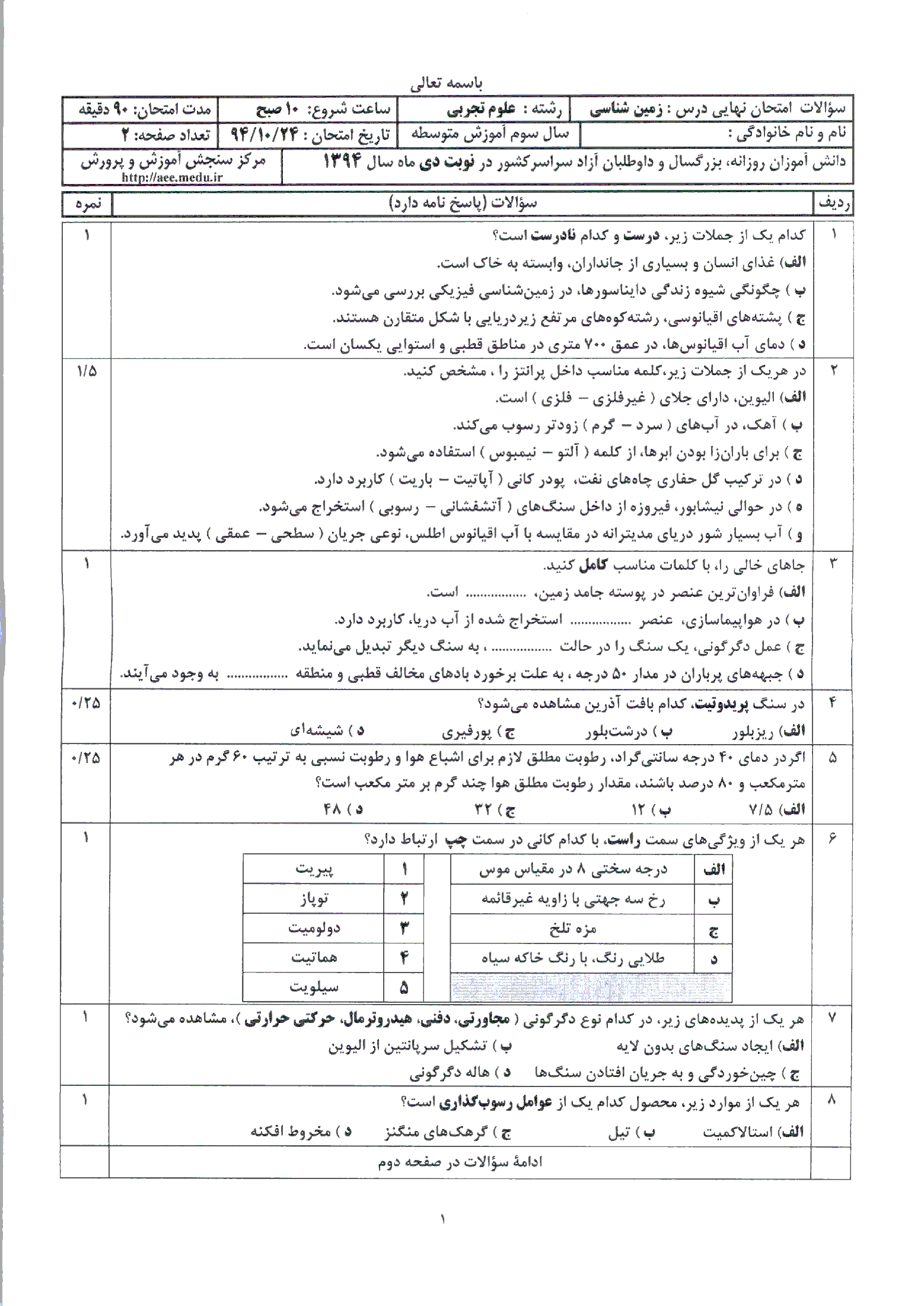 سوالات و پاسخ تشریحی امتحان نهایی زمین شناسی سوم دبیرستان رشته تجربی l دی 94