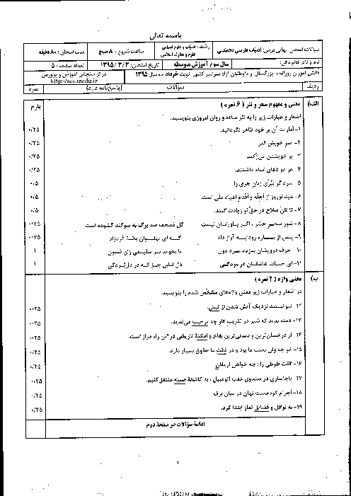 سوالات و پاسخ تشریحی امتحان نهایی درس ادبیات فارسی تخصصی سال سوم متوسطه| خرداد ماه 1395