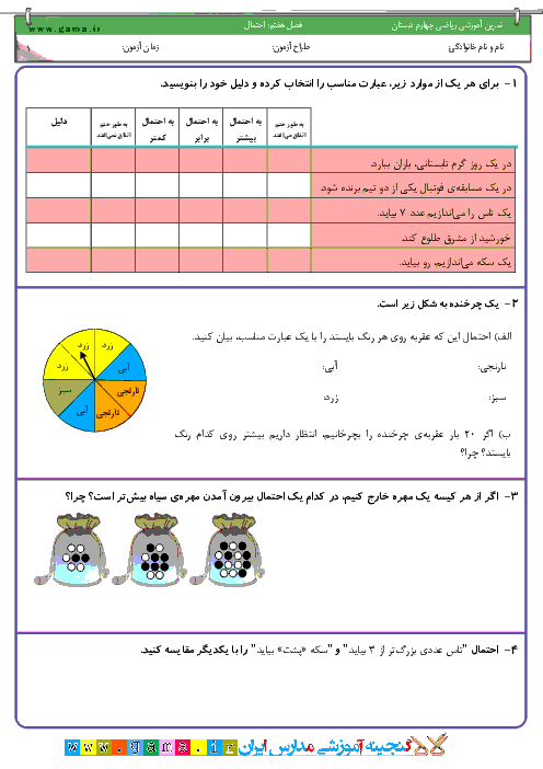 آزمون رياضی چهارم دبستان | فصل 7: احتمال