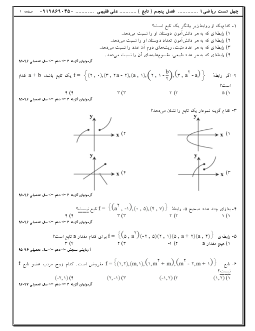 80 سوال تستی ریاضی (1) دهم | فصل 5: تابع