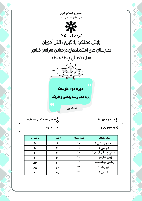 آزمون پایش عملکرد یادگیری دانش آموزان پایه دهم ریاضی مدارس سمپاد | بهمن 1401