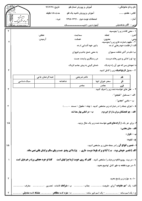 سوالات امتحان نوبت دوم انشای فارسی هفتم مدرسۀ شهید محمد منتظری (1) ناحیه یک قم - خرداد 96