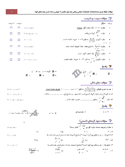سؤالات امتحانات هماهنگ استانی فصل هفتم ریاضی نهم با جواب | درس 1: معرفی و ساده کردن عبارتهای گویا
