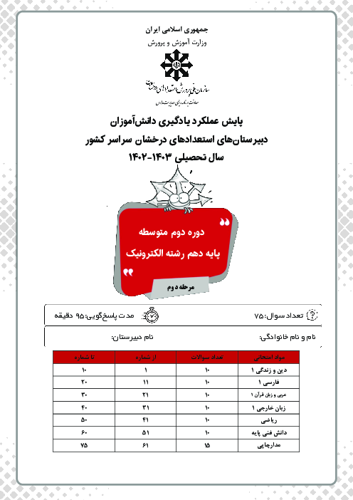 آزمون پایش عملکرد یادگیری دانش آموزان پایه دهم رشته الکترونیک مدارس سمپاد | مرحله دوم (اردیبهشت 1403)