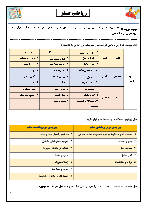 جزوه ریاضی صفر (مرور اجمالی ریاضیات دوره اول متوسطه)