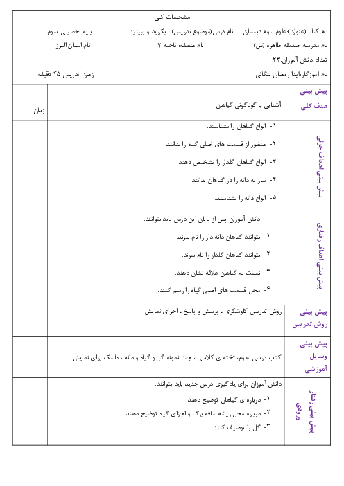طرح درس روزانه علوم تجربی سوم  | درس 11: بکارید و ببینید