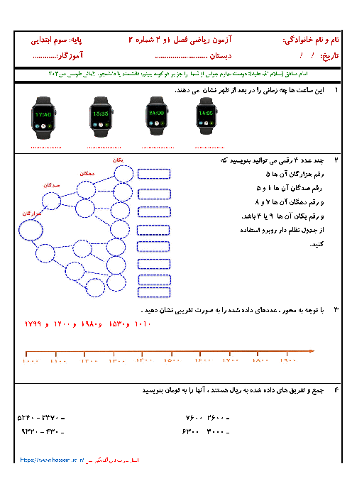 آزمون مستمر ریاضی سوم دبستان تربیت حسینی |  فصل 1 و 2