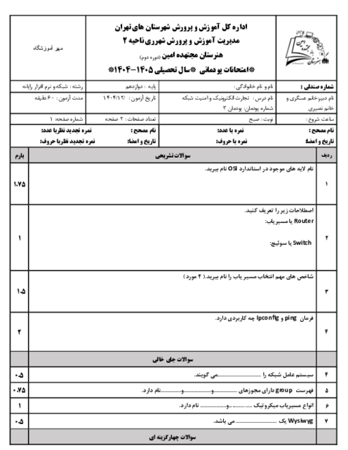آزمون پودمان 3: راه اندازی مسیریاب | درس تجارت الکترونیک و امنیت شبکه