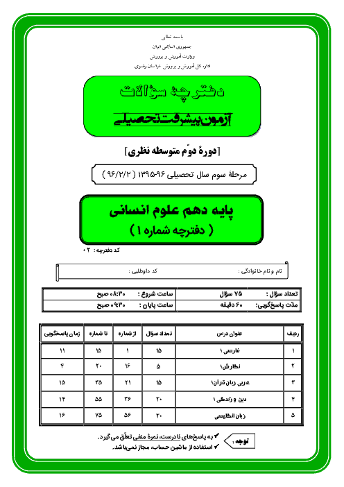 سوالات آزمون پیشرفت تحصیلی پایه دهم رشته انسانی استان خراسان رضوی با پاسخ تشریحی | اردیبهشت 96
