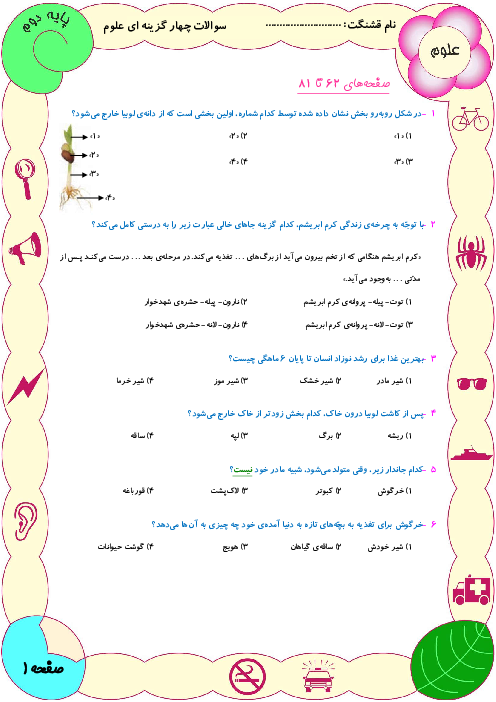 آزمون تستی درس 9 تا 11 علوم تجربی دوم دبستان شهید صدری