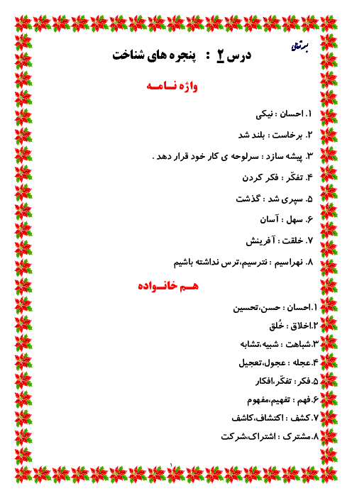 واژه نامه، کلمات متضاد و هم‌خانواده و واژه آموزی درس 2 | فارسی پایه ششم دبستان