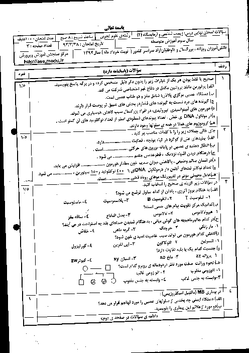سوالات امتحان نهایی زیست شناسی (2) - خرداد 1392
