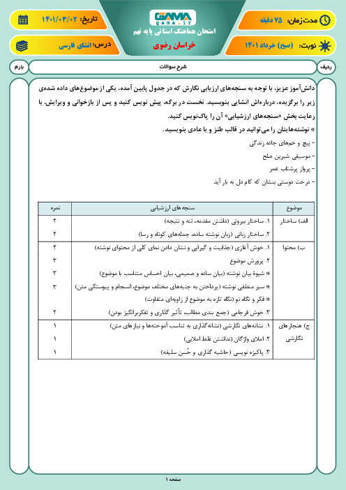 امتحان هماهنگ نوبت دوم انشای فارسی نهم استان خراسان رضوی | خرداد 1401