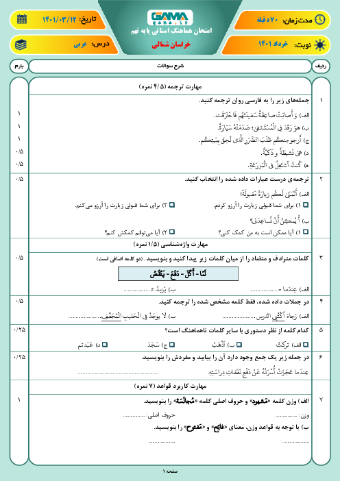 سوالات آزمون نوبت دوم عربی نهم هماهنگ استان خراسان شمالی | خرداد 1401