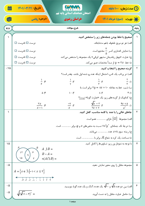 سوالات آزمون نوبت دوم ریاضی نهم هماهنگ استان خراسان رضوی | خرداد 1401