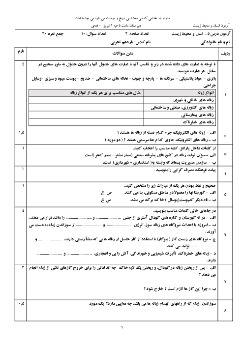 آزمونک انسان و محیط زیست یازدهم دبیرستان امامت | درس 5: زباله، فاجعۀ محیط زیست
