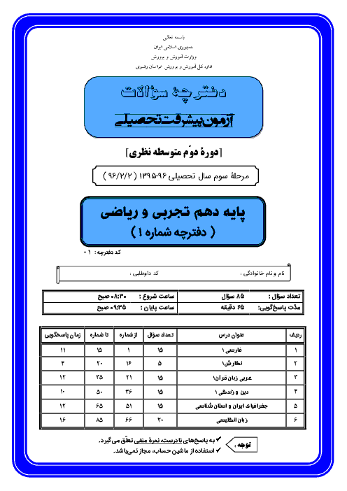 سوالات آزمون پیشرفت تحصیلی پایه دهم رشته تجربی استان خراسان رضوی با پاسخ تشریحی | اردیبهشت 96