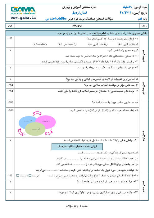 امتحان هماهنگ استانی مطالعات اجتماعی پایه نهم نوبت دوم (خردادماه 97) | استان اردبیل
