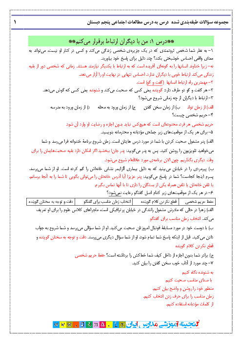  مجموعه سوال طبقه بندی شده مطالعات اجتماعی پنجم دبستان با جواب | درس 1 تا درس 22