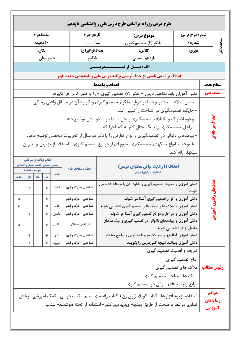 طرح درس روزانه براساس طرح درس ملی روانشناسی یازدهم | درس 6: تفکر (2) تصمیم گیری