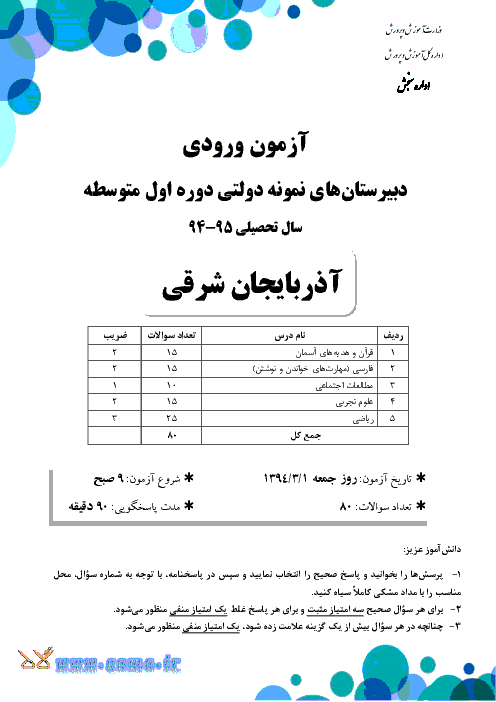 سوالات و پاسخ تشریحی آزمون ورودی پايه هفتم دبيرستان های نمونه دولتی دوره اول متوسطه سال تحصيلی 95-94 | استان آذربایجان شرقی