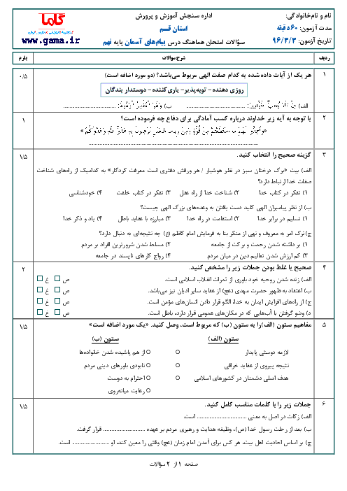 سؤالات و پاسخنامه امتحان هماهنگ استانی نوبت دوم خرداد ماه 96 درس پیام‌های آسمان پایه نهم | استان قم