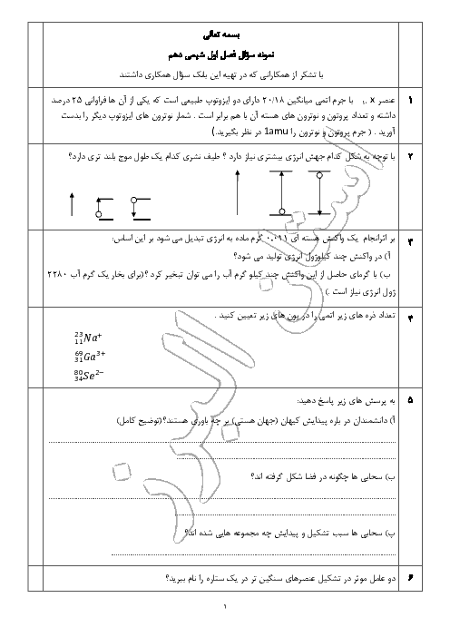  مجموعه سوال طبقه بندی شده شیمی (1) دهم | فصل اول: کیهان زادگاه الفبای هستی - گروه آموزشی استان البرز