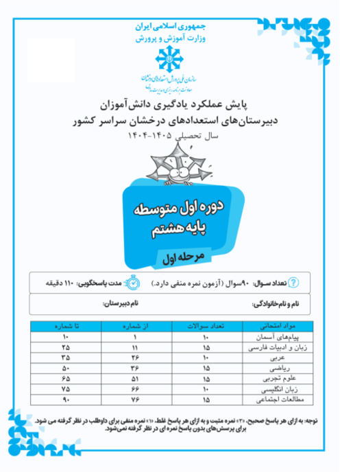 آزمون مرحله اول پایش عملکرد یادگیری تیزهوشان هشتم بهمن 1404