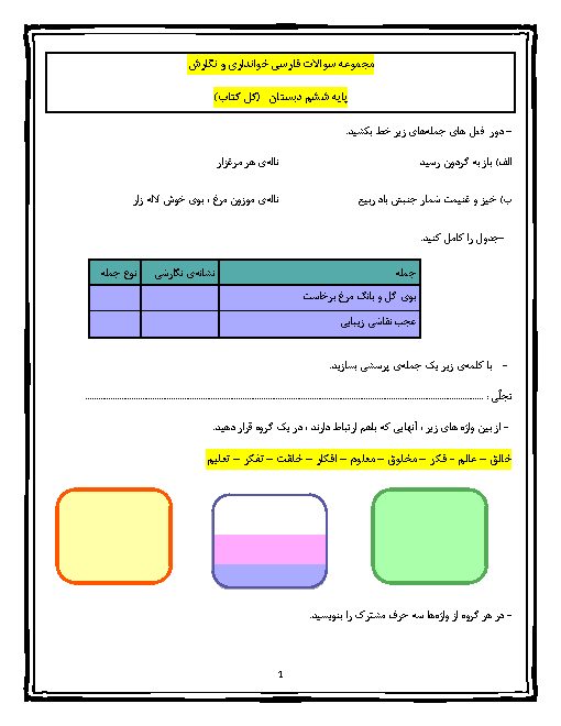  تمرین های  فارسی و نگارش ششم دبستان سوده | درس 1 تا 17 