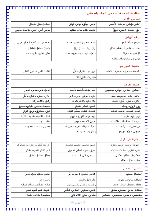 جزوه هم خانواده های واژه های کتاب فارسی پایه هفتم