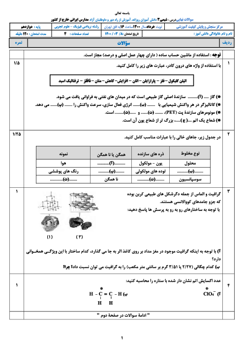 سوالات امتحان نهایی شیمی (3) دوازدهم مدارس خارج از کشور | خرداد 1400 (نوبت عصر)