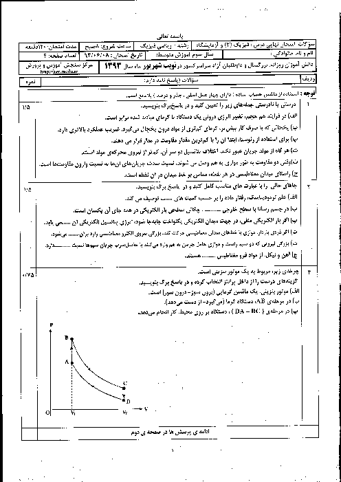 سوالات امتحان نهایی فیزیک (3) و آزمایشگاه- شهریور 1393