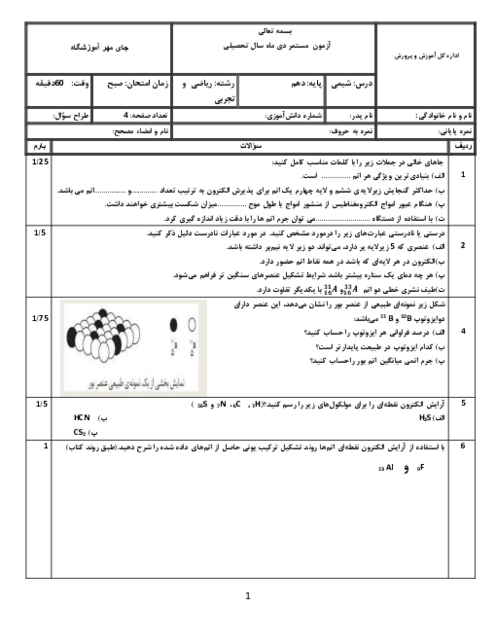نمونه سوال امتحان فصل 1 شیمی دهم 