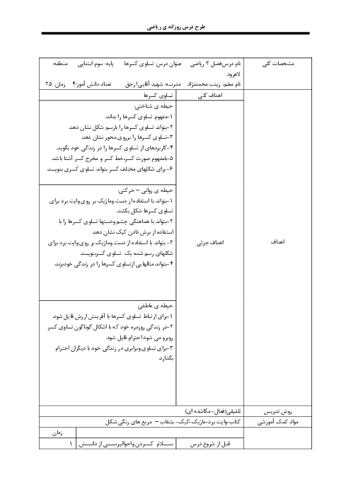 طرح درس روزانه ریاضی سوم دبستان | درس 3: تساوی کسرها