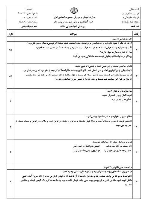 امتحان نوبت دوم نگارش (1) دهم دبیرستان نمونه دولتی عفاف تربت جام - خرداد 96