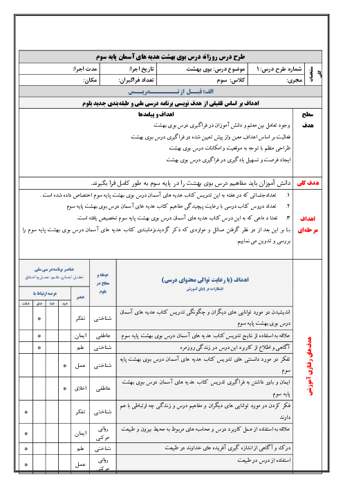 طرح درس روزانه هدیه‌های آسمانی سوم دبستان 22 بهمن | درس 7: بوی بهشت
